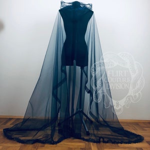 Navy Blue Tulle Hooded Cape, Rose Edged Lace Scalloping, Lace Cape, Wedding Cape, Ethereal Cloak, Hooded Cloak