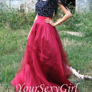 burgundy tulle maxi skirt
