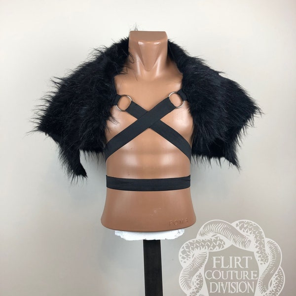 Black Fur Collar, Fur Collar Harness, Fur Shoulder Drape, Halloween, Fur Shoulder Pelt, Shaman Fur Collar