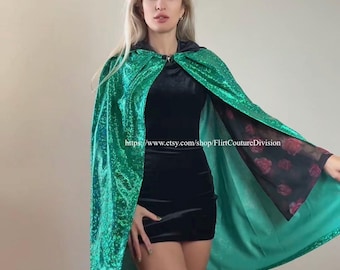 Zielona peleryna, peleryna holograficzna, peleryna do siłowania na rękę, peleryna królowej, peleryna z kapturem do cosplayu, zielone wesele, peleryna burleskowa, błyszcząca peleryna z kapturem