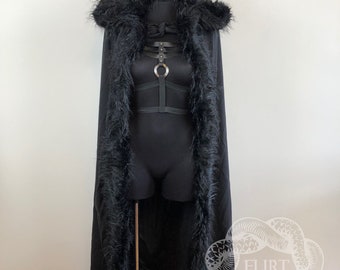 Black Hooded Cloak, Black Hooded Coat With Faux Fur, Halloween Cloak, Wasteland Cloak, Witch Cloak, Assasin Coat, Hooded Cape, Fur Cloak