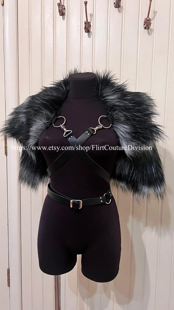 Black Fake Fur Cape Leather Belts, Fur Shoulder Drape