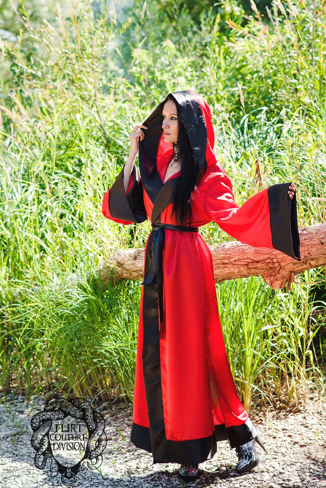 Satin Black Red Robe, Ritual Robe, Long Hooded Robe, Monk Robe, Magical ...
