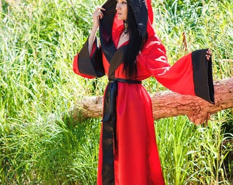 Satin Black Red Robe, Ritual Robe, Long Hooded Robe, Monk Robe, Magical Robe, Witch Robe, Vampire Robe