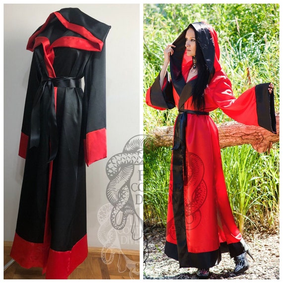Satin Black Red Robe, Ritual Robe, Long Hooded Robe, Monk Robe