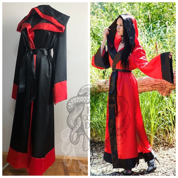 Satin Black Red Robe, Ritual Robe, Long Hooded Robe, Monk Robe, Magical Robe,  Witch Robe, Vampire Robe 