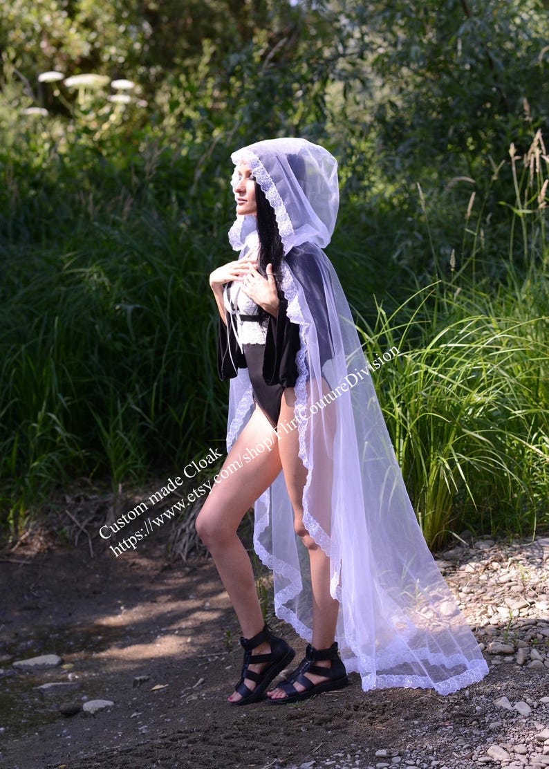 Tulle Hooded Cape, Veil Lace Cape, Cathedral Eternal Cape, Elven Ceremony Cape with Hood, Fairy Wedding Cape, Alternative Bride image 2
