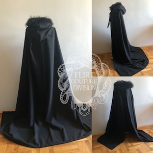 Black Wool Hooded Cloak, Plus Size Wool Hooded Coat, Wide Wool Cloak, Wool Fur Hooded Cape, Raven Cloak, Wool Hooded Cloak