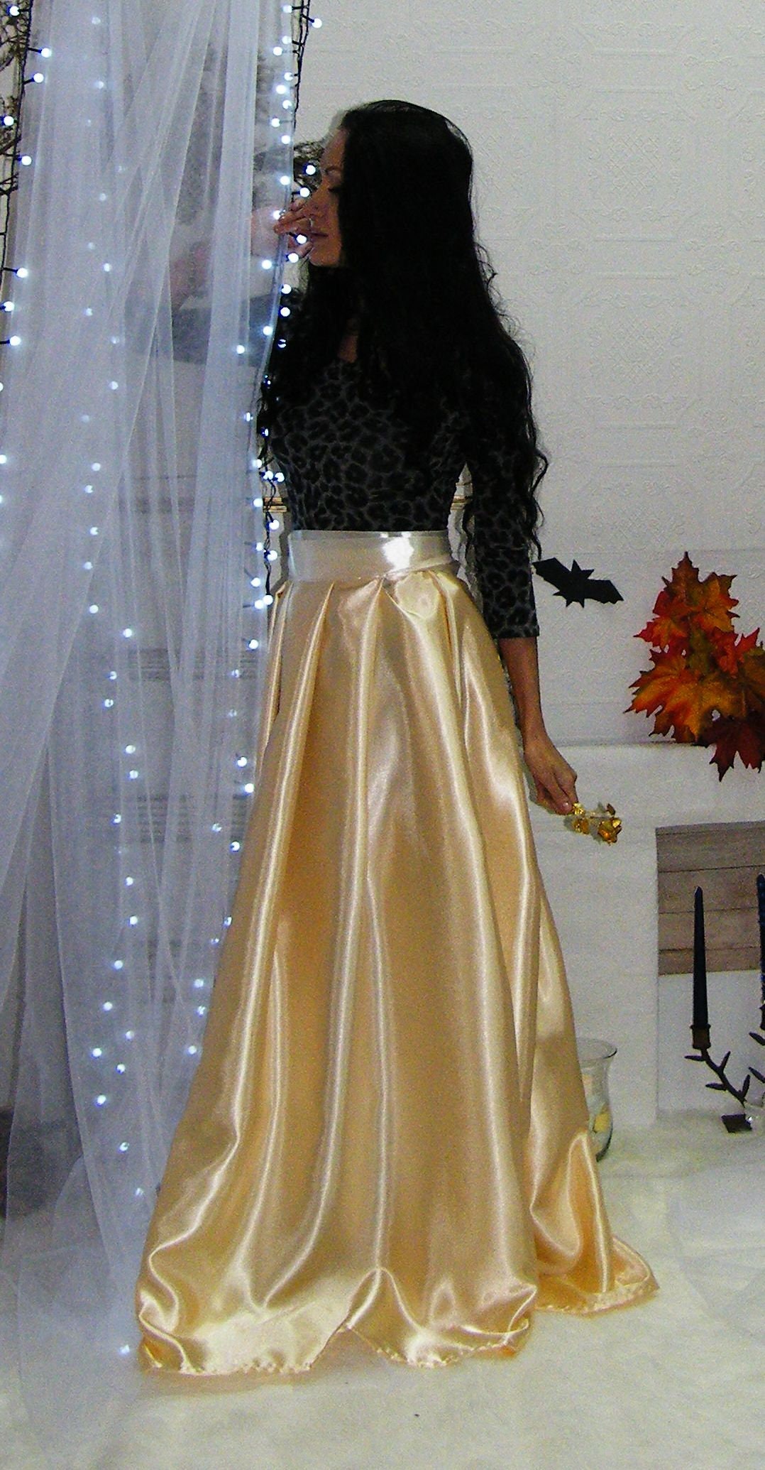 Mid length satin skirts gold top