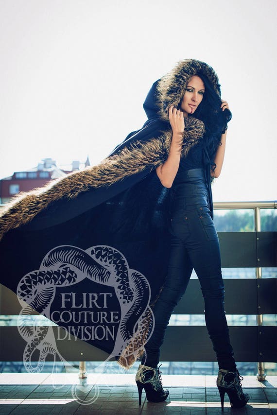 Hooded Cloak Black Hooded Coat With Faux Fur Halloween Cloak