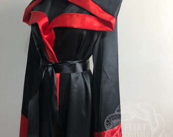 Satin Black Red Robe, Ritual Robe, Long Hooded Robe, Monk Robe