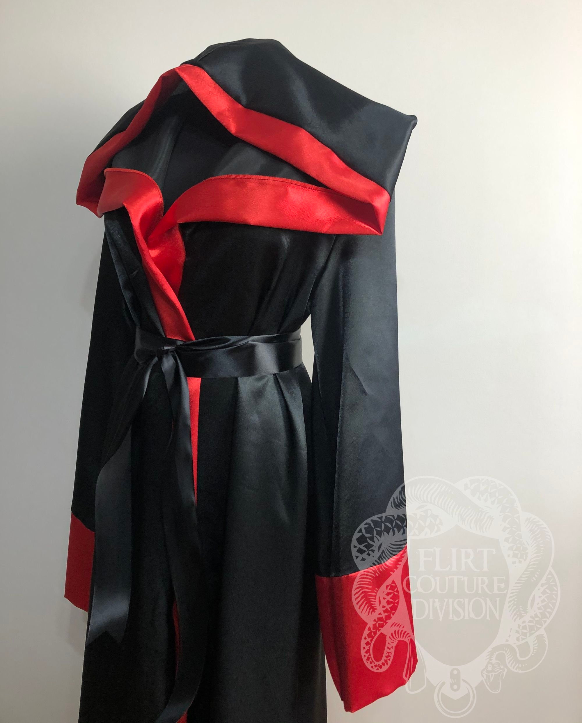 Satin Black Red Robe, Ritual Robe, Long Hooded Robe, Monk Satin Black Red Robe, Ritual Robe, Long Hooded Robe, Monk