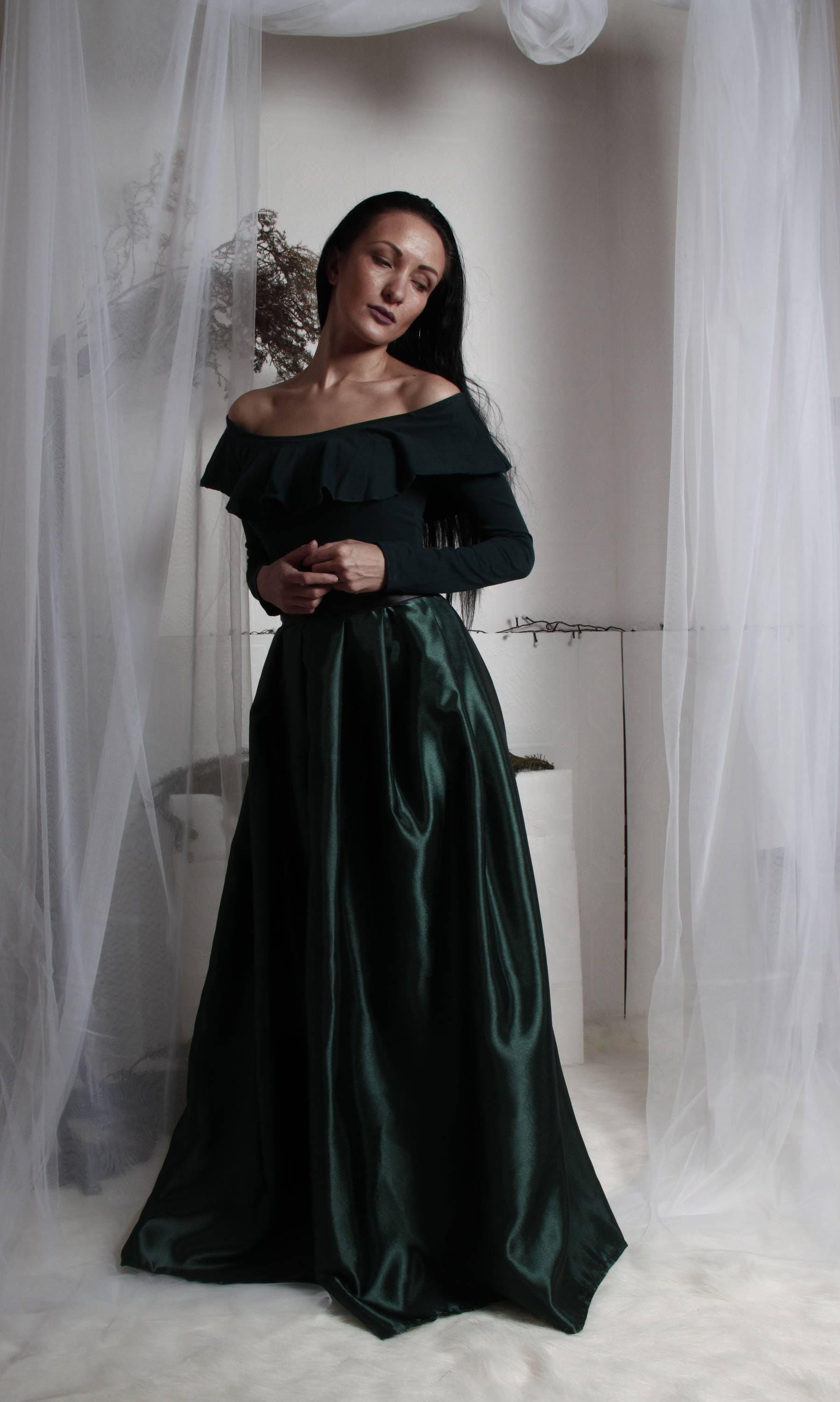 Long Satin Skirt
 Deep Green Satin Long Skirt Maxi Satin Skirt Long Satin