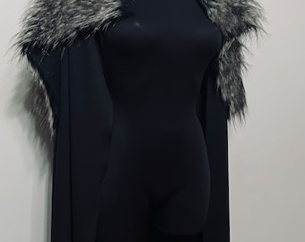 Fake Fur Collared Long Cloak, Wolf Faux Fur Cloak, Viking Cape, Pagan Cosplay Celtic Cape, Barbarian, Warrior, Wasteland, Apocalyptic, Game