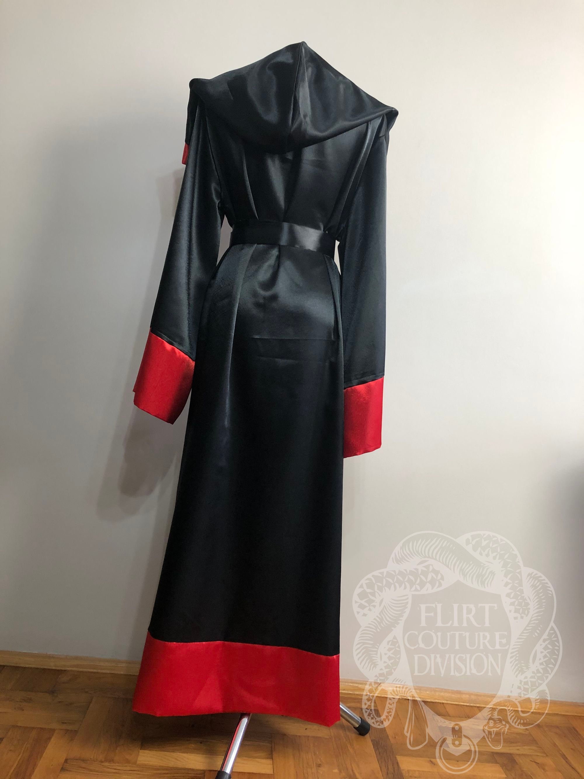 Satin Black Red Robe, Ritual Robe, Long Hooded Robe, Monk Satin Black Red Robe, Ritual Robe, Long Hooded Robe, Monk