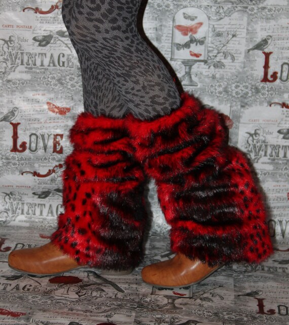 Red Leopard Print Fluffy Fur fur warmers leg boot warmers Etsy