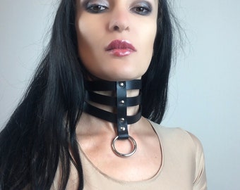 Real Leather Choker, Three layers Leather Choker, O Ring Choker, Leather Neck Harness Collar