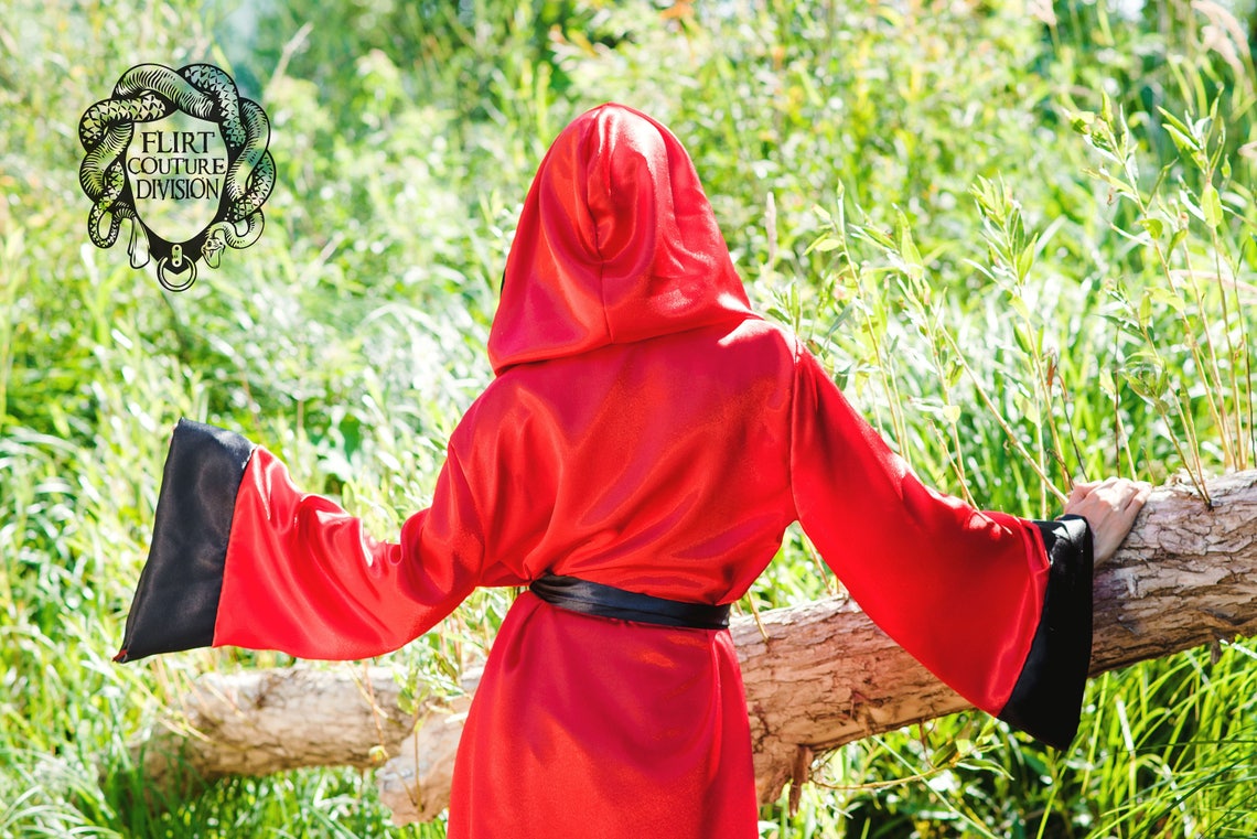 Satin Black Red Robe Ritual Robe Wasteland Long Hooded Etsy