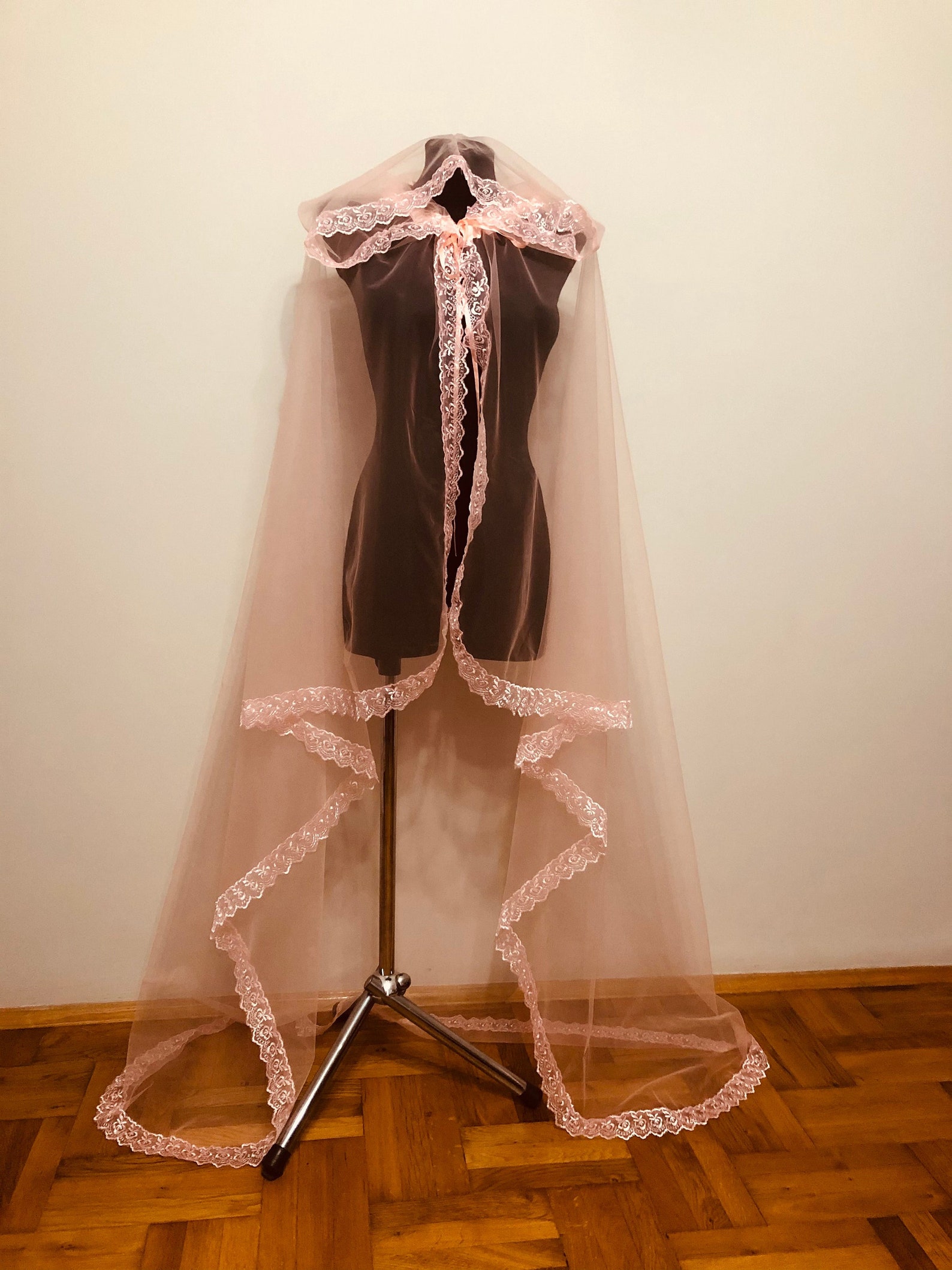 Peach Tulle Hooded Cape Veil Cape Peach Lace Cape Halloween Etsy