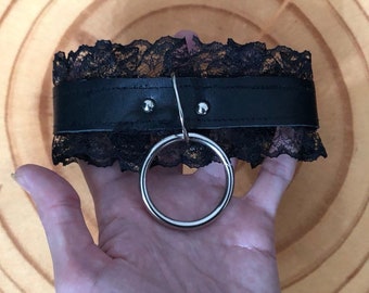 Wide Leather Collar with Lace and Ring, Gothic leather Choker, Leather choker Necklace, Leather Collar