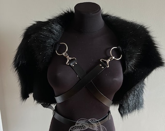 Black Fake Fur Cape Leather Belts, Fur Shoulder Drape, Ecofriendly Fur Collar Belts, Witch, Viking, Fur Shoulder Pelt, Shaman Fur Collar