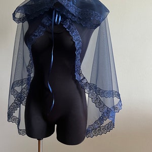 Navy Blue Short Tulle Hooded Cape, Rose Edged Lace Scalloping, Lace Cape, Wedding Cape, Ethereal Cloak, Hooded Cloak