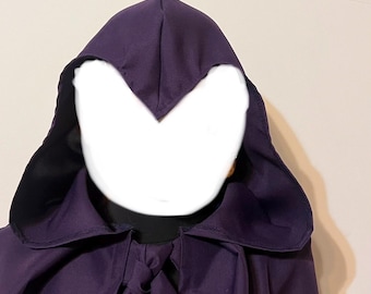 Fioletowy kaptur czarownicy w płaszczu kruka w kształcie litery V z przodu, peleryna fantasy cosplay