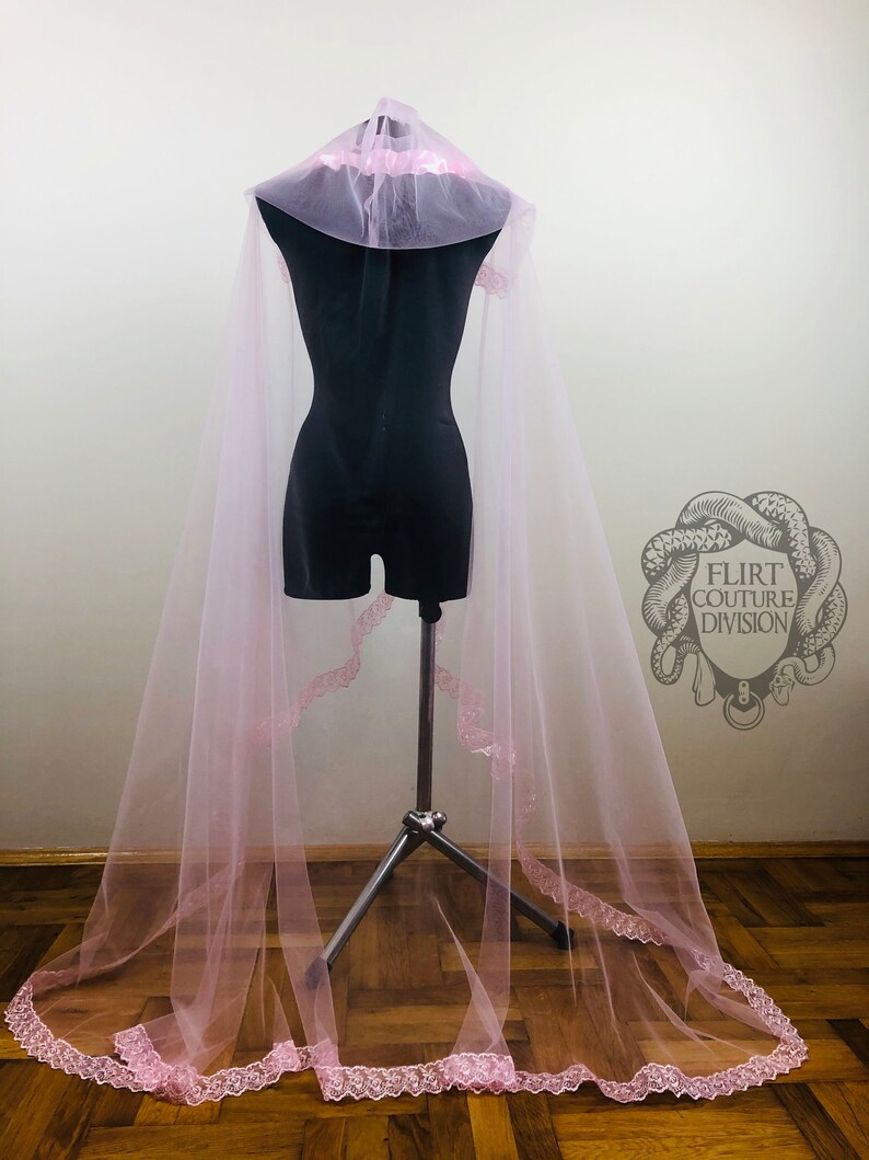 May include: A pink tulle veil with a lace trim. The veil is on a mannequin and has a large hood.