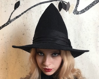 Classic Tall Pointed Witch Hat in Black with Wide Brim - Hand Felted Wool