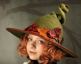 Fancy Green Witch Hat with Leaves and Curly Point- Hand Felted Merino Wool