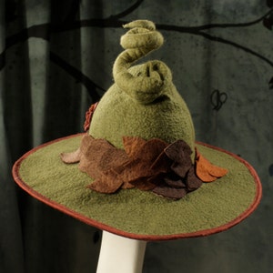 Fancy Green Witch Hat with Leaves and Curly Point Hand Felted Merino Wool image 4