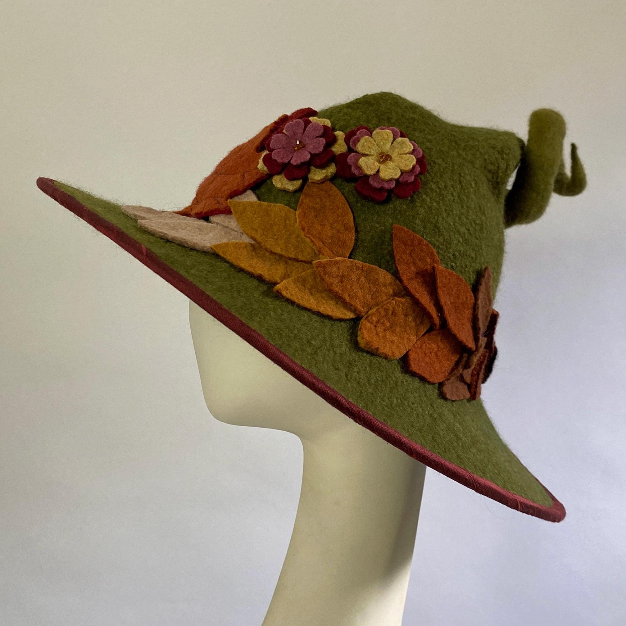 Evie Leaf Design Green Wool Cloche Hat Handcrafted 1920 main image 2