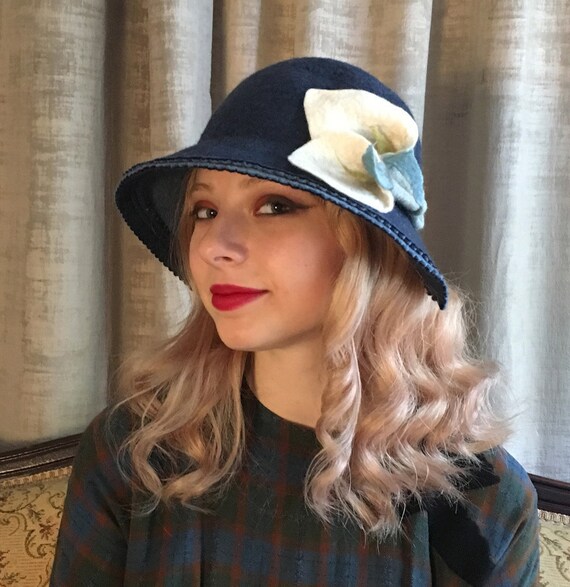 Navy Blue Cloche Hat With Bonnet Style 