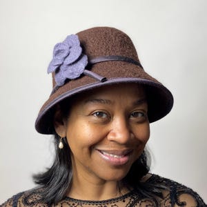 Dark Brown Brimmed 1930's Style Ladies Hat w/Flower - Hand Felted Merino Wool