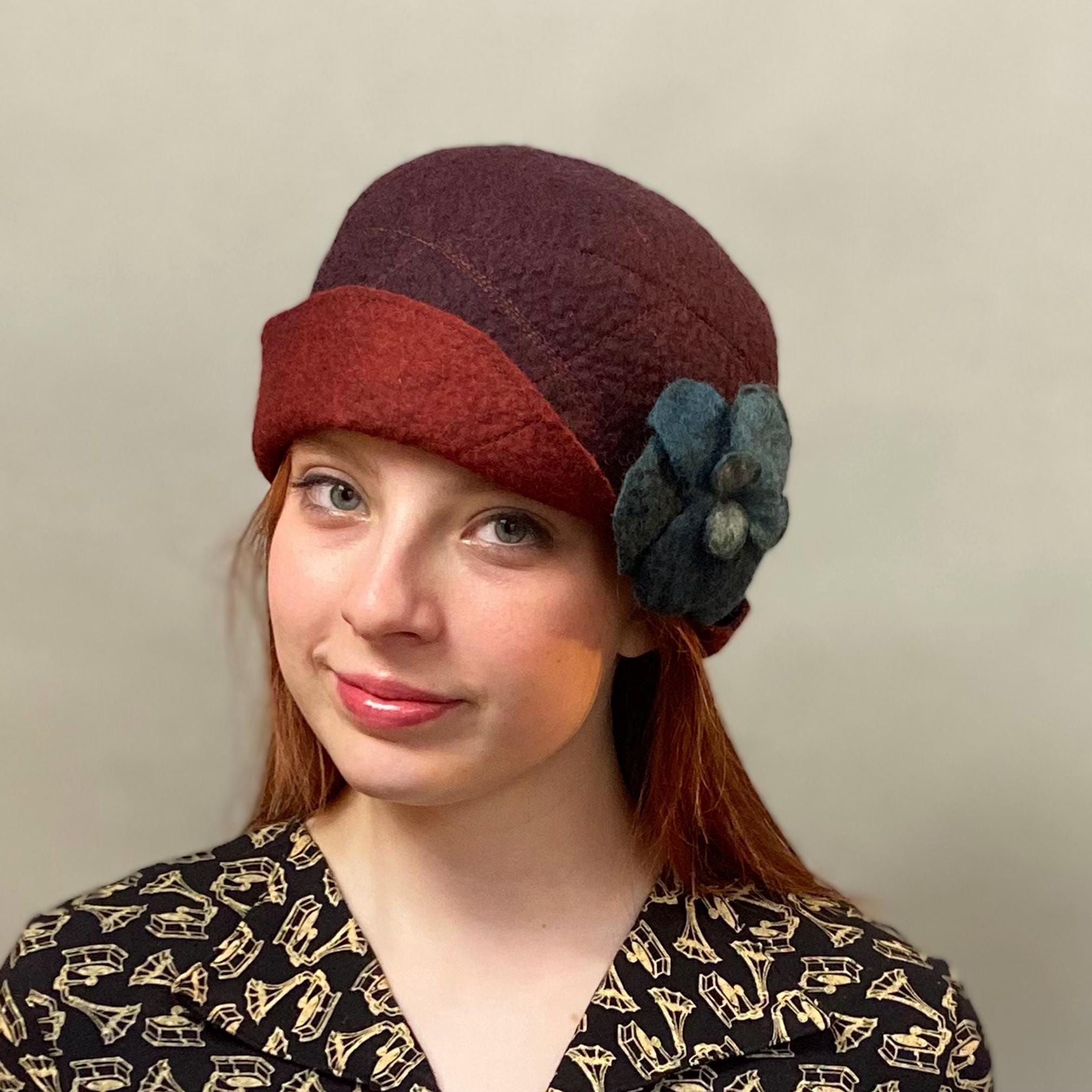 Dark Red and Chestnut Reversible Cloche W/removable Flower  display picture 1