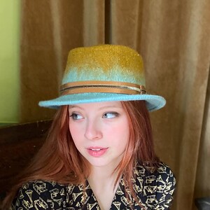 Blue and Yellow Two-tone Ombre Fedora Pork Pie Hat - Hand Felted Wool
