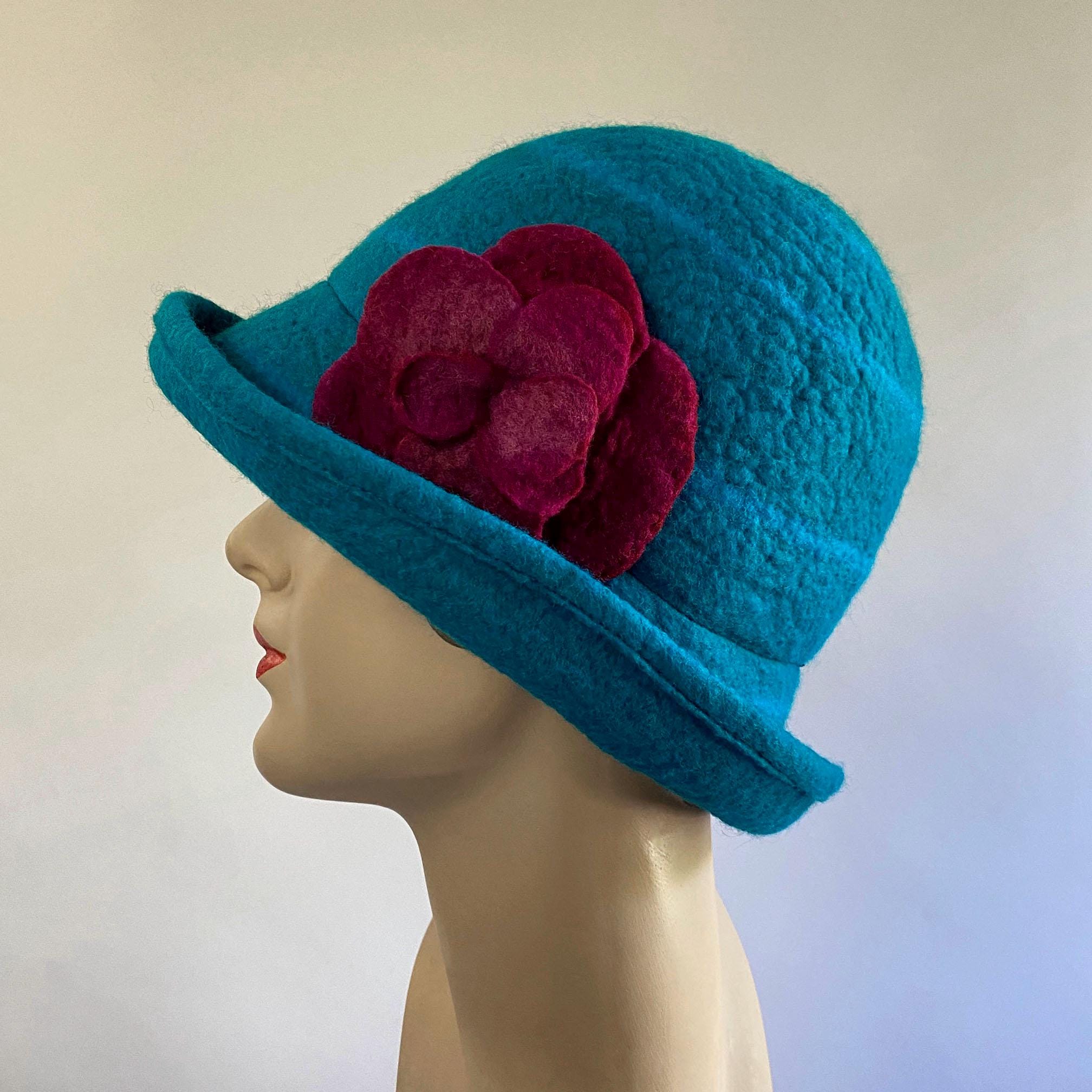 Stylish Light Blue Felt Cloche Hat with Bow Detail Original Hat Pin Felt Cloche Light Blue Hat with Pin (Modeled on 7-8″ Head  main image 3