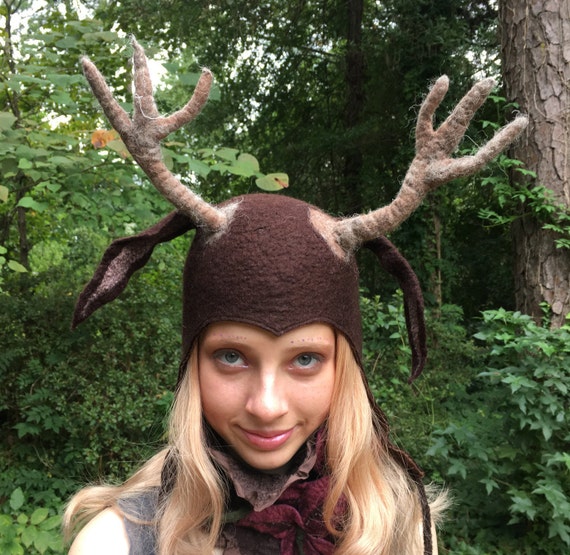 Casquette de cerf - Chapeau d’aviateur avec bois - Laine mérinos feutrée à  la main