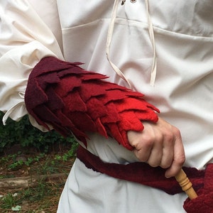 Green Feathered Arm Guards - Dragon Scale Vambrances - Hand Felted Merino Wool Arm Warmers