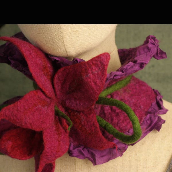 Eggplant Purple and Fuschia Ruffled Scarf with Coral Flowers - Nuno Felted Collar