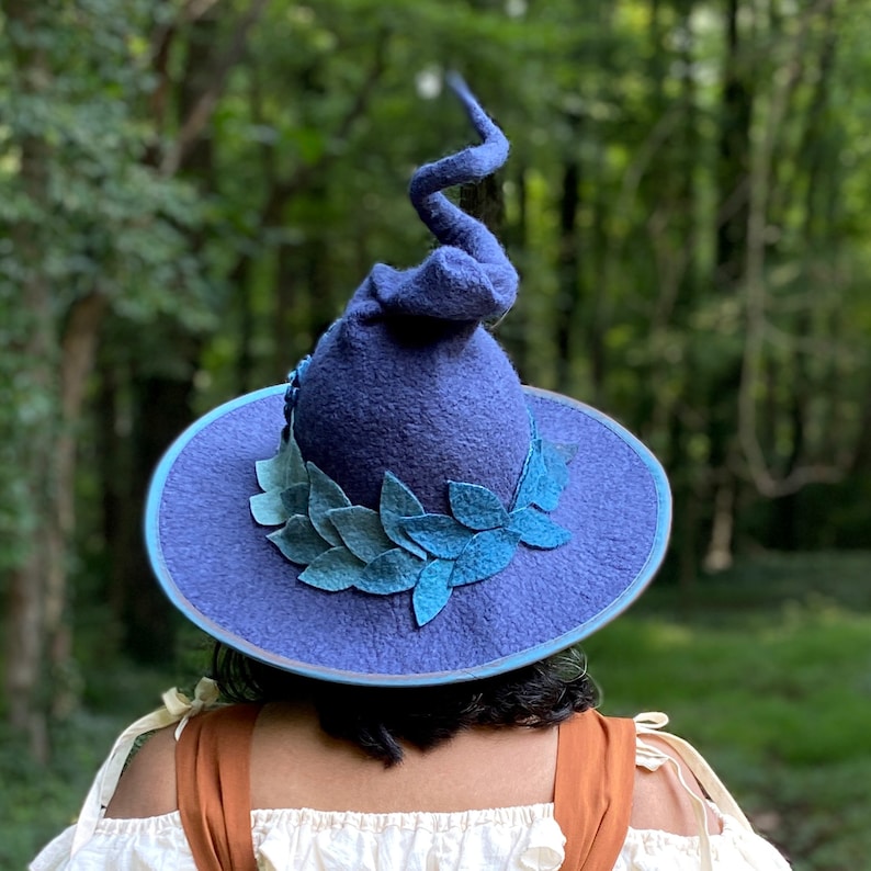 Fancy Green Witch Hat with Leaves and Curly Point Hand Felted Merino Wool image 9