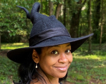 Witch Hat in Solid Black with Curly Point  - Hand Felted Merino Wool