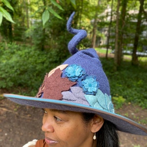 Fancy Green Witch Hat with Leaves and Curly Point Hand Felted Merino Wool image 8