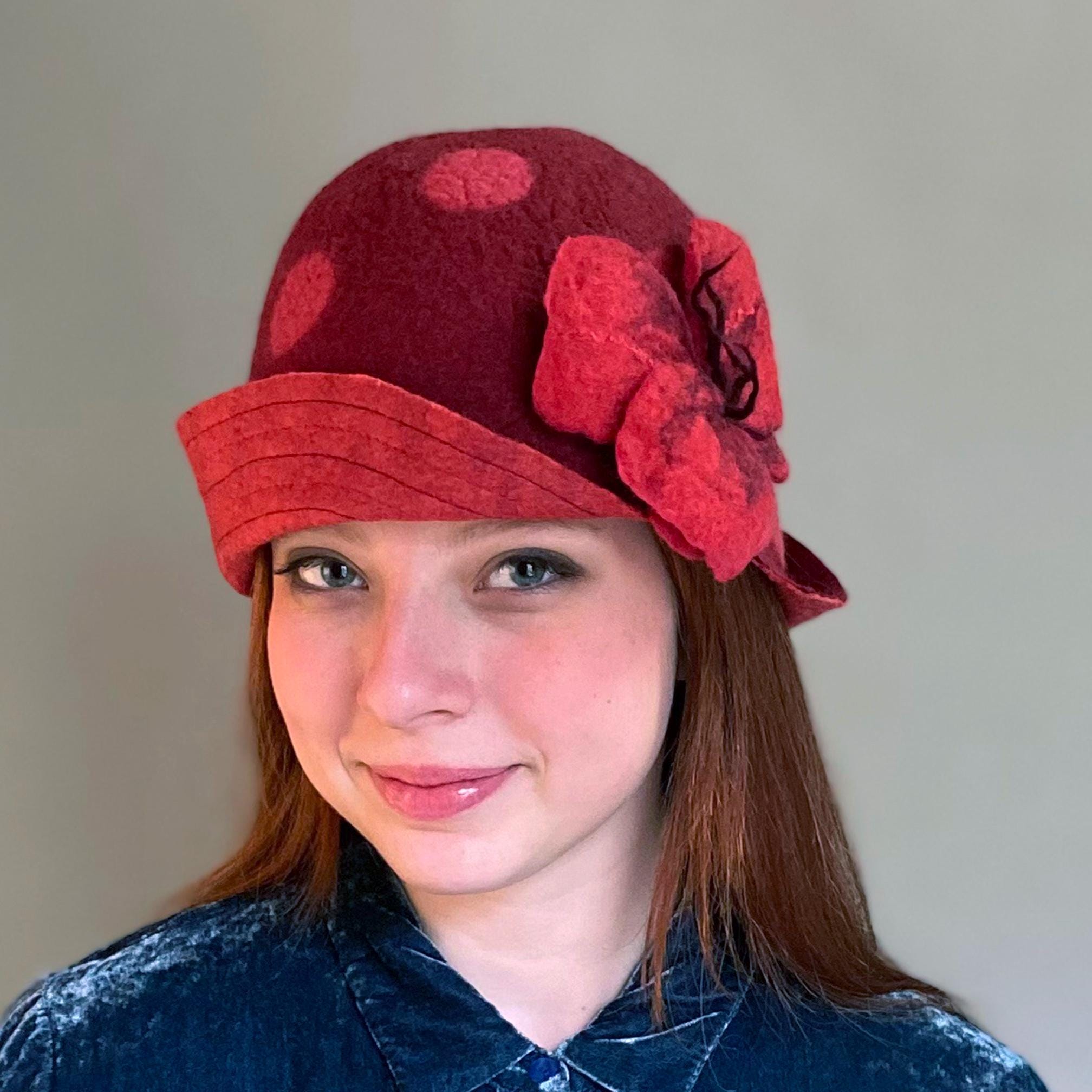 New Something Special Red Floral Felted Wool Leather Trimmed Cloche Hat Something Special Cloche Fedora Wool Hat Red Purple Bow  main image 3