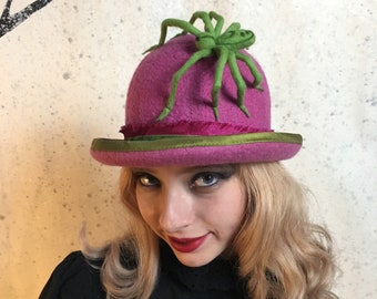 Bowler Hat in Bright Pink with Large 3 Dimensional Green Crab Spider Perched Atop - Hand Felted Merino Wool