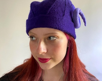 Purple Hat with Curly Ram Horns - Hand Felted Merino Wool Cap