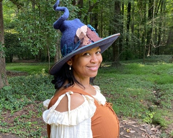 Blue Witch Hat with Leaves and Curly Point  - Hand Felted Merino Wool - Made to Order