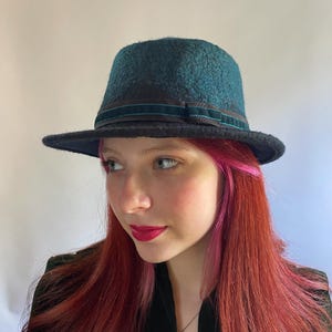 Black and Dark Teal Two-tone Ombre Fedora Pork Pie Hat - Hand Felted Wool