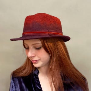 Red Two-tone Ombre Fedora Pork Pie Hat - Hand Felted Wool