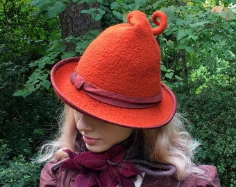 Orange 1940's Witch Hat with Curly Point -Orange Hand Felted Merino Wool